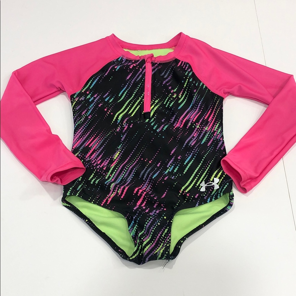 Under Armour Girls Rash Guard Swimsuit – Size 4T – Hot Pink & Black